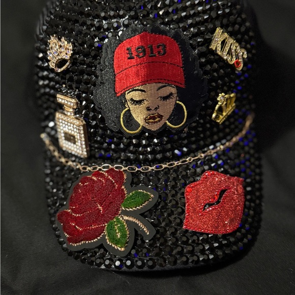 Embellished Black Cap with Red Accents - Picture 1 of 4
